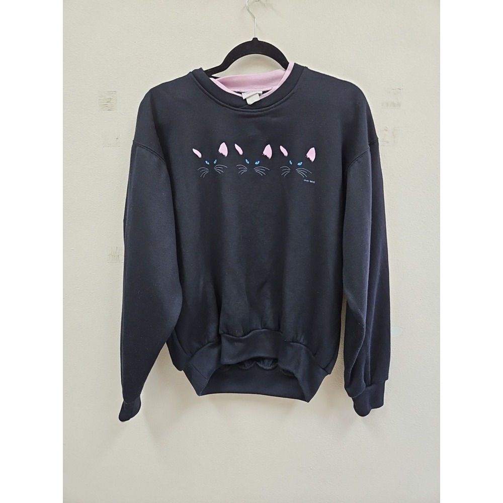Vintage 1986 Women's Medium Crew Neck Pull Over Sweater Black Cat Halloween